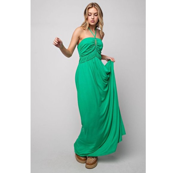Off Shoulder Halter Dress Sleeveless Backless Smocked Ruched Pleated Dress Green - Picture 2 of 8